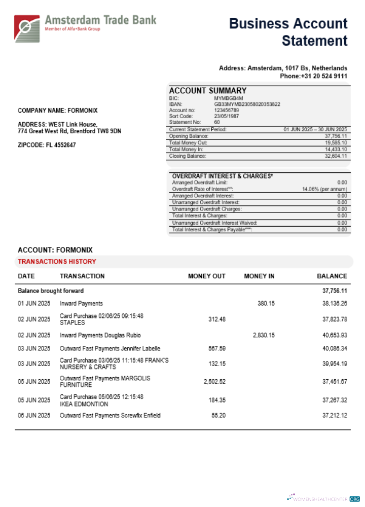 Download Trade Bank business account statement Word and PDF template Photoshop template